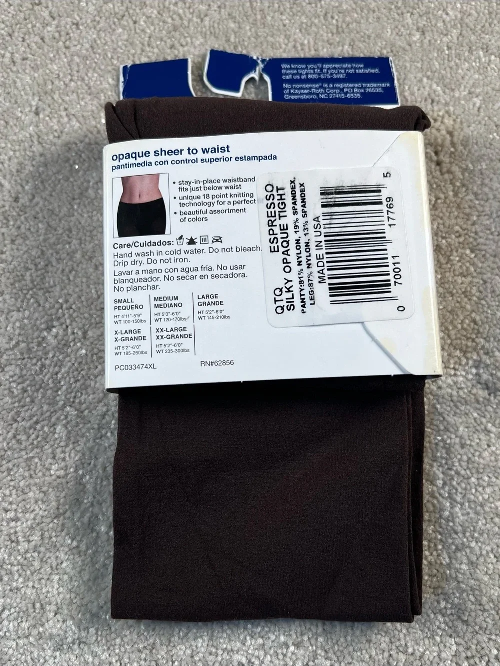 Opaque Tights No Nonsense Espresso New in Package Womens XL Silky Sheer to Waist